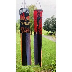 Halloween Windsocks with Lights Outdoor Hanging Decor  2 Pc Pumpkin and Skull